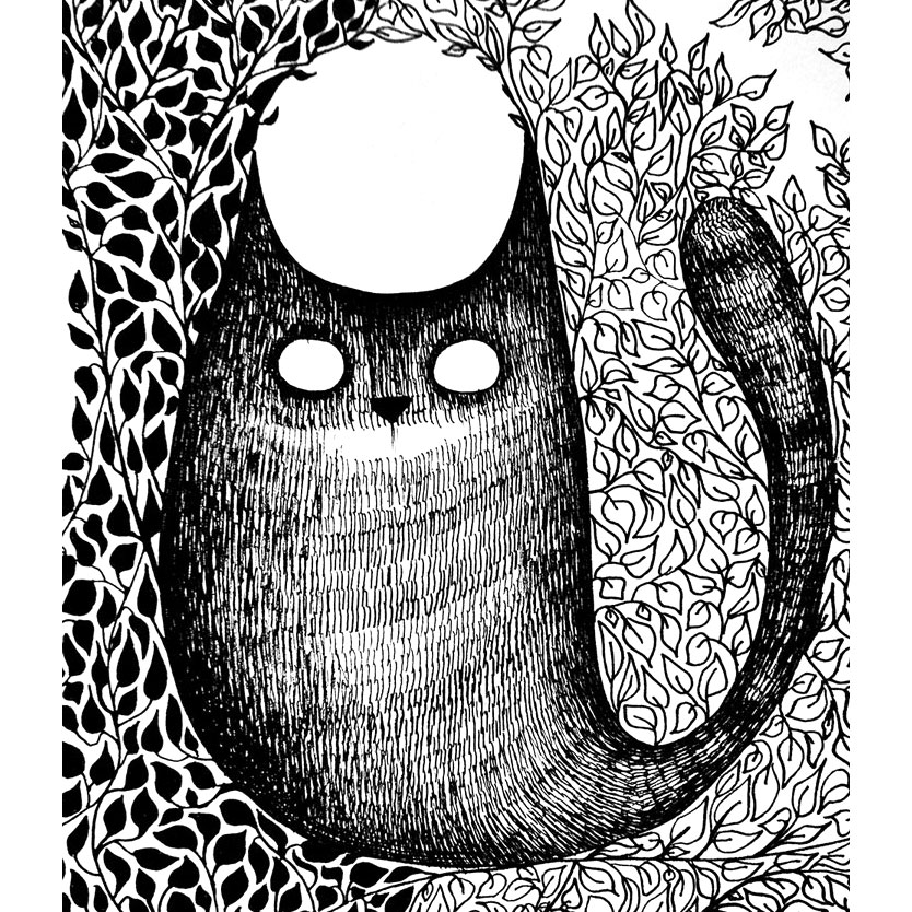 Illustration d'une sorte de chat sur fond de feuille et avec la lune entre les oreilles