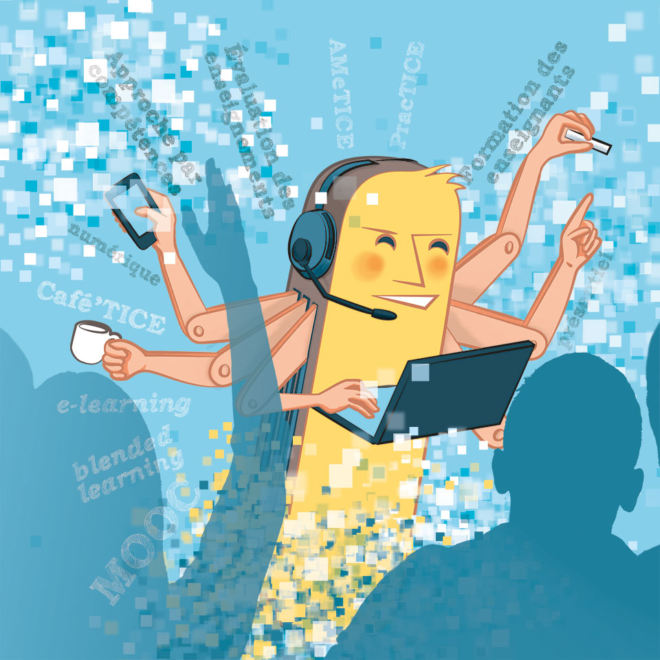 Illustration numérique en couleur d'un professeur représenté en couteau suisse pour appuyer son rôle multifonction et multifacette dans l'enseignement