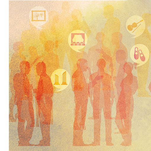 Illustration numérique de personnages en groupe en superposition évoquant des discussions autour des arts et des divertissements