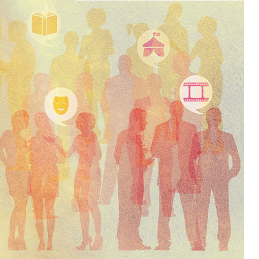 Illustration numérique de personnages en groupe en superposition évoquant des discussions autour des arts et des divertissements