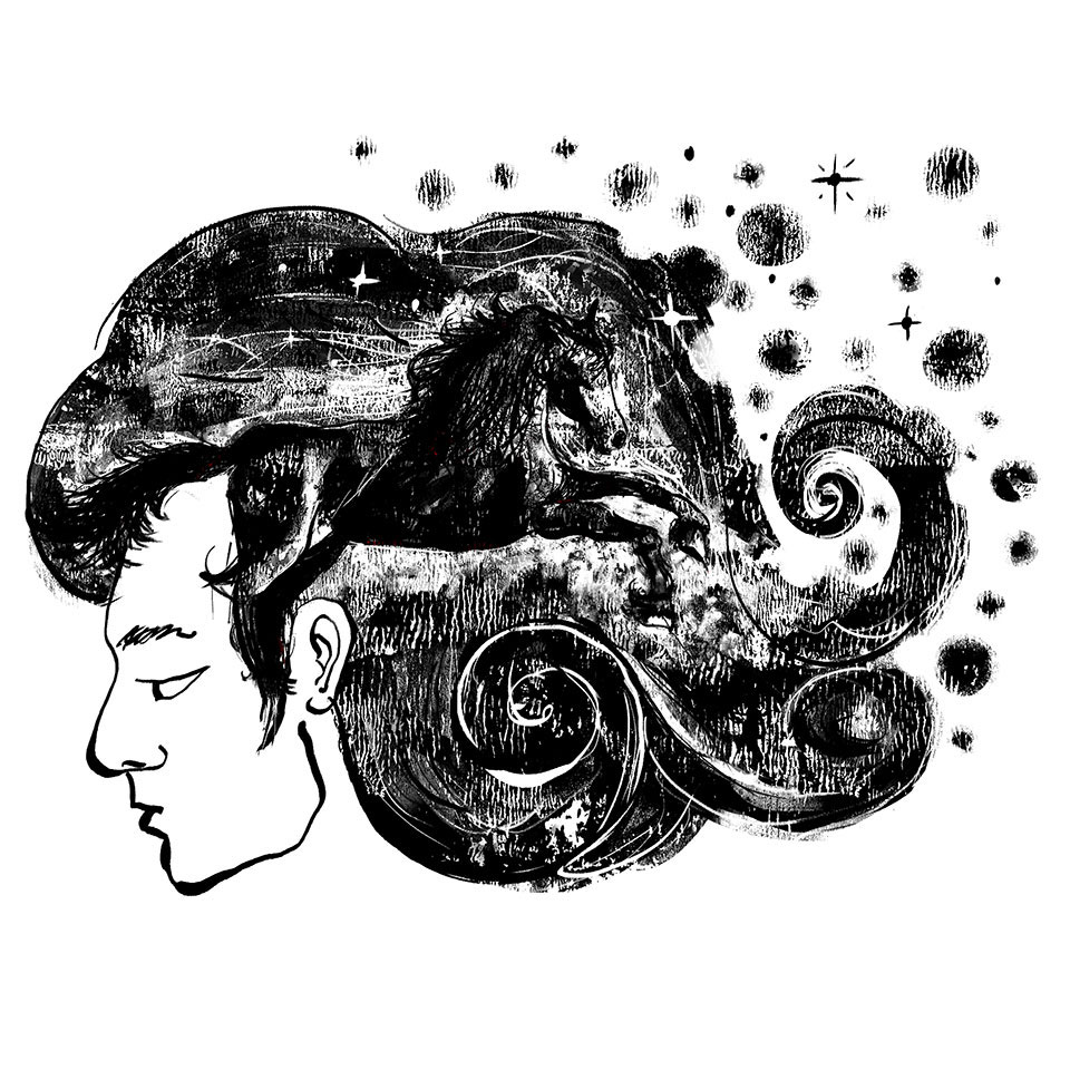 Illustration numérique d'un homme de profil dont la chevelure se transforme en cheval galopant dans les vagues