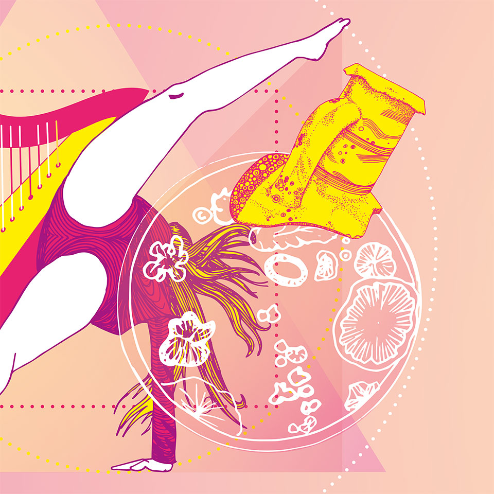 Illustration composée, dans les tons très vifs rose et jaune, représentant des disciplines culturelles et scientifiques (danse, botanique, littérature, musique, archéologie, bactériologie; mathématiques, arts...)