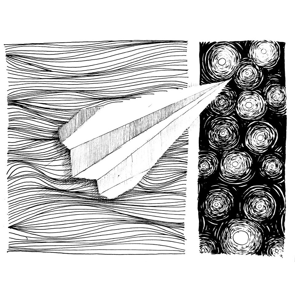 Dessin d'un avion en papier au dessus de lignes graphiques ondulantes et d'un ciel étoilé, illustrant le voyage