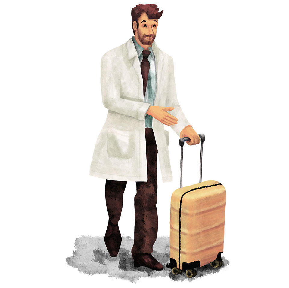 Illustration numérique sur Procreate d'un homme portant une blouse blanche (un scientifique) et trainant une valise, il part en voyage