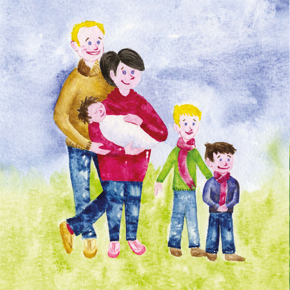 Illustration à l'aquarelle d'une famille pour un faire-part de naissance dans un style enfantin et naïf