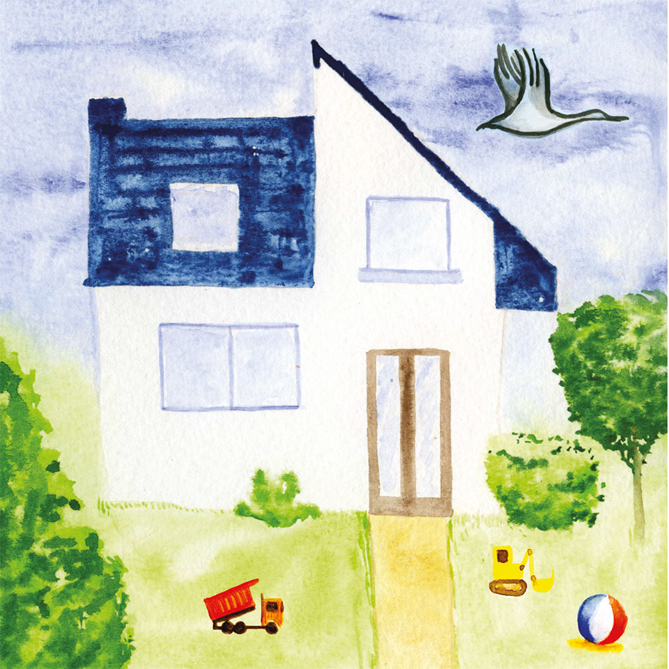 Illustration pour un faire-part de naissance représentant des jouets devant une nouvelle maison qu'une cigogne survole