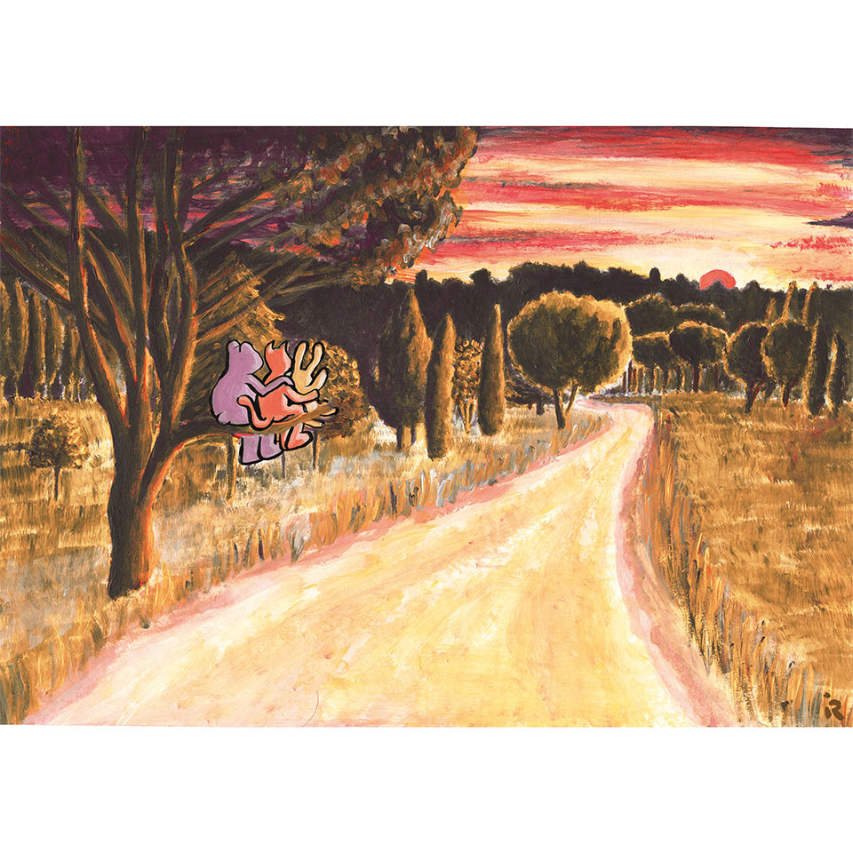 Illustration pour un faire-part de mariage représentant un paysage de Provence. Trois personnages, un ours, un chat et un lapin accolés sur une branche d'arbre regardent le coucher de soliel. 