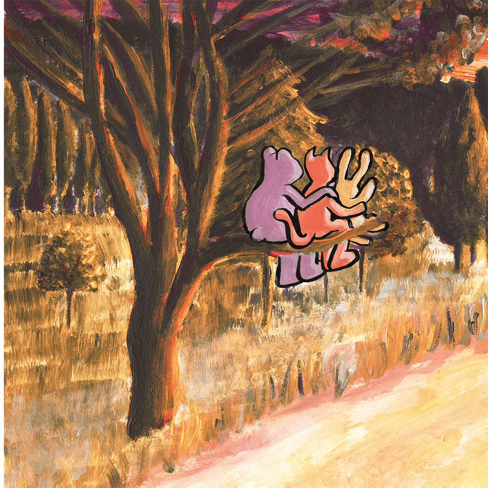 Illustration pour un faire-part de mariage représentant un paysage de Provence. Trois personnages, un ours, un chat et un lapin accolés sur une branche d'arbre regardent le coucher de soliel. 