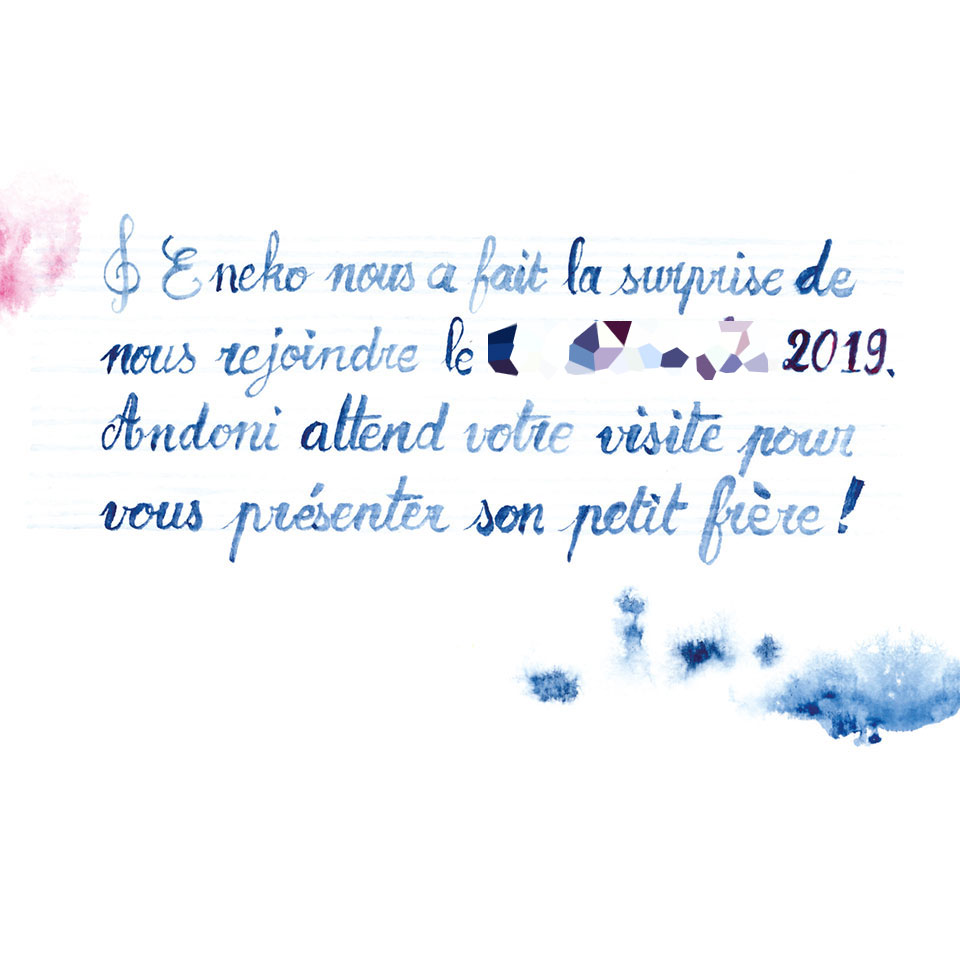 texte du faire-part écrit au pinceau sur une portée de musique