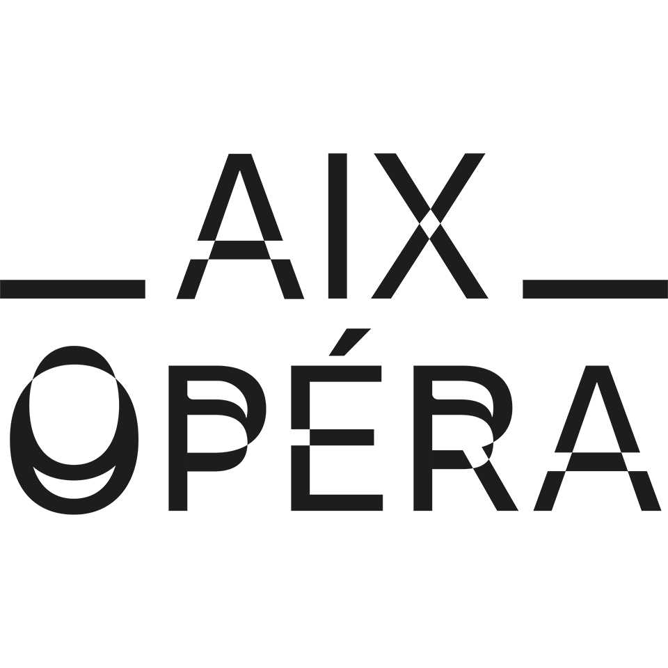 Logo en noir et blanc pour 'AixOpéra', une collaboration entre le Festival d'Aix et Aix Marseille Université, entre l'Opéra et la recherche