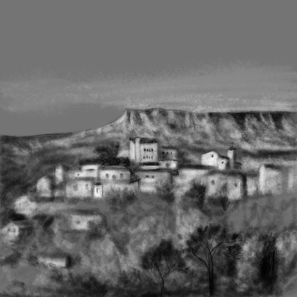 Illustration numérique représentant le plus haut village des Bouches du Rhône devant la montagne Sainte Victoire en fond
