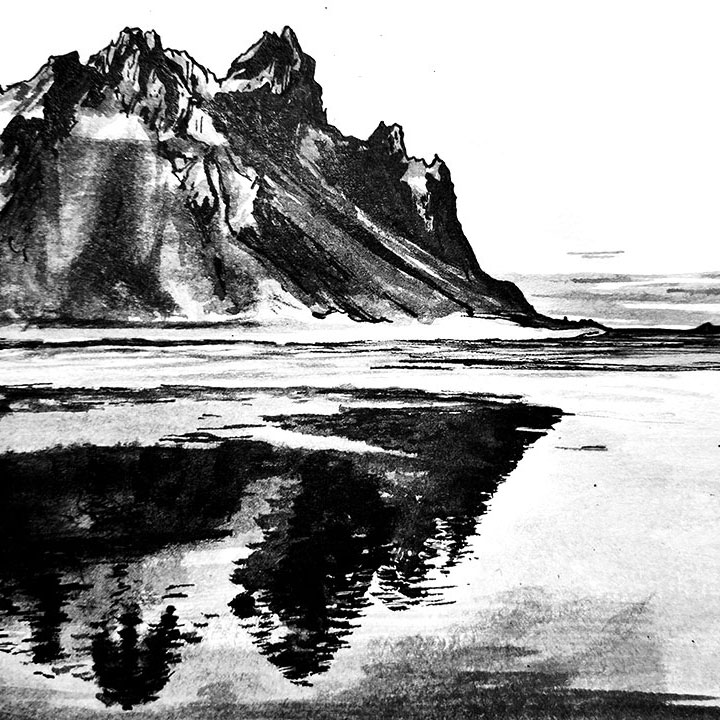 Illustration à l'encre de Chine d'un paysage islandais d'une montagne se reflétant dans une étendue d'eau