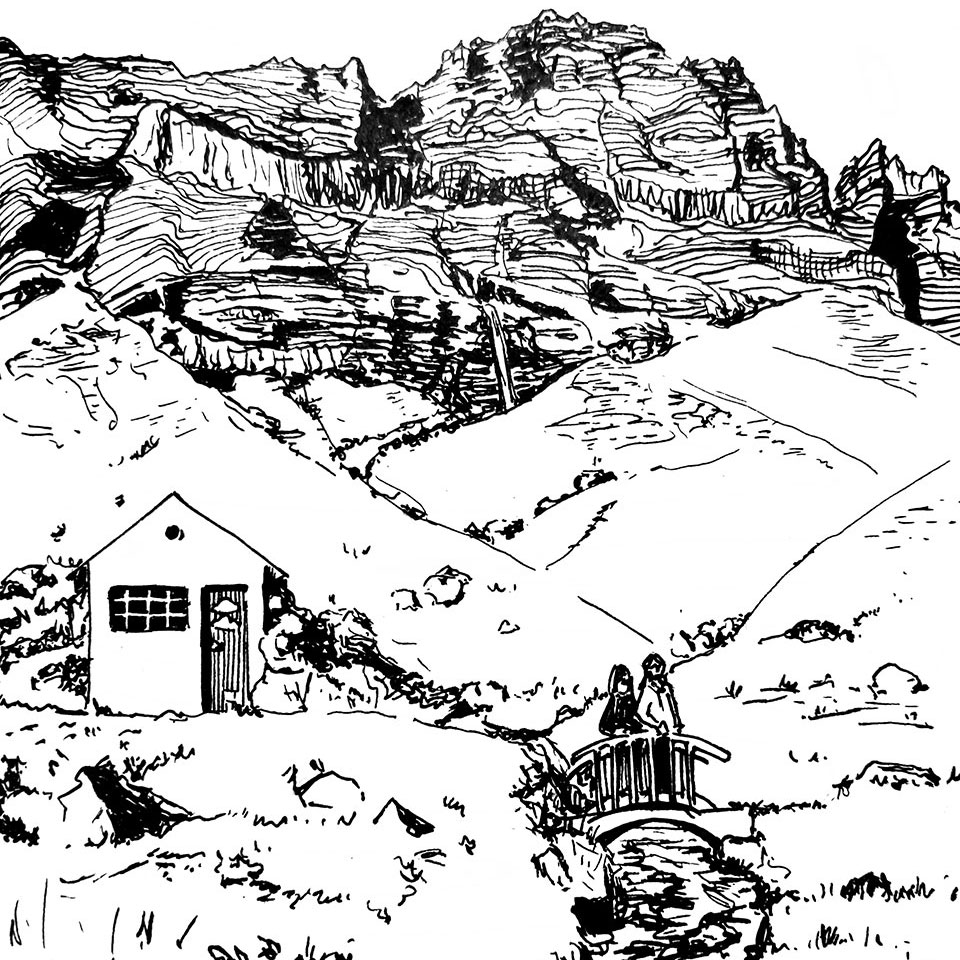 Illustration d'un paysage bucolique de montagne islandaise, où coule une source, qu'un petit pont mignon enjambe près d'une petite batisse