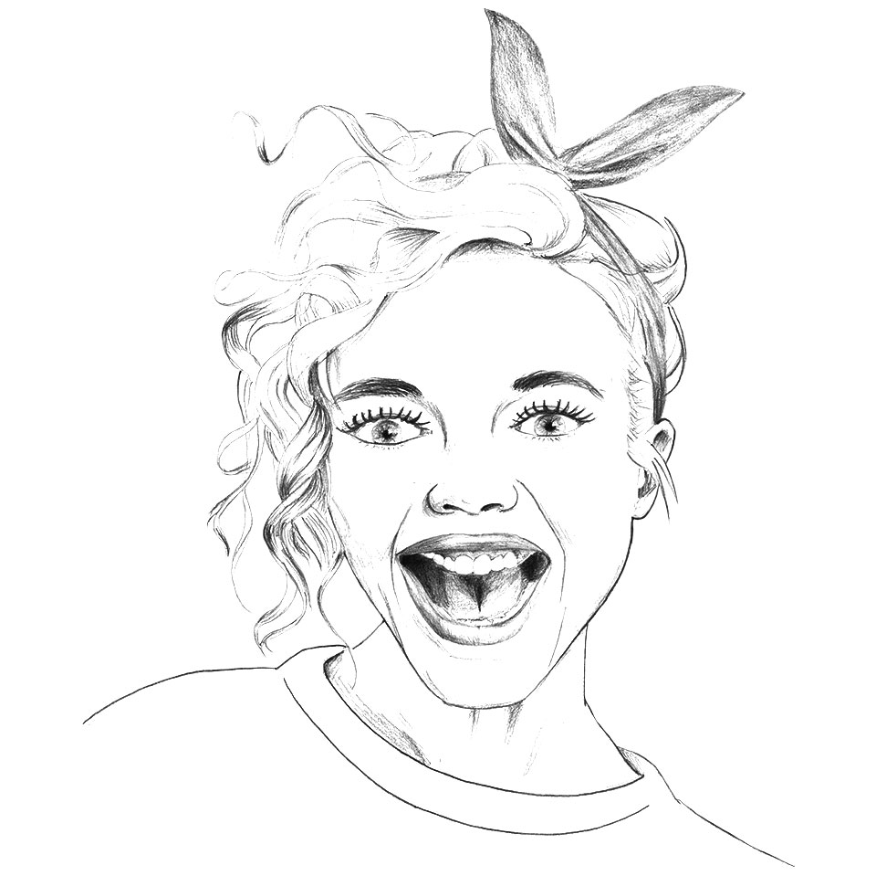 Portrait à la mine graphite d'une jeune femme souriante avec un bandeau seventies dans les cheveux