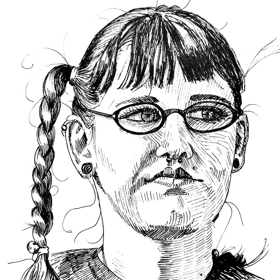 Illustration au trait fin noir et hachure d'un portrait d'une femme portant des lunettes et des couettes