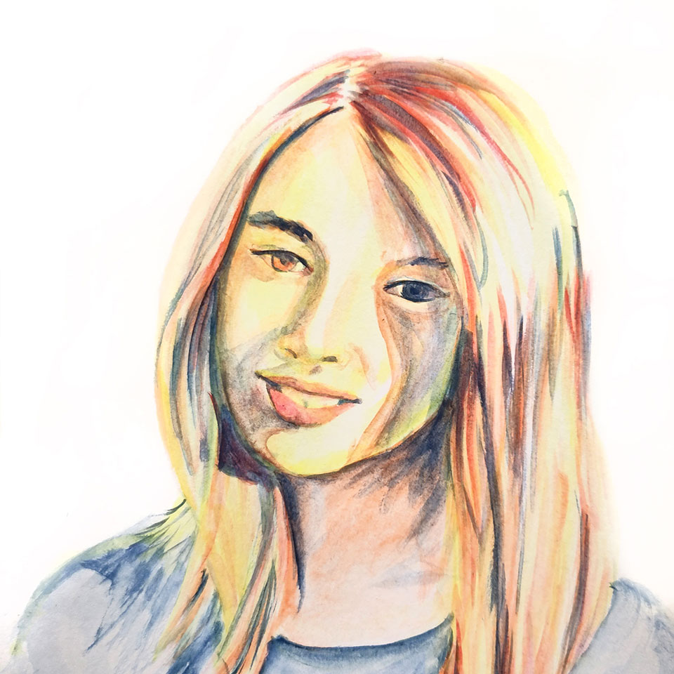 Portrait à l'aquarelle palette réduite d'une jeune fille aux cheveux longs