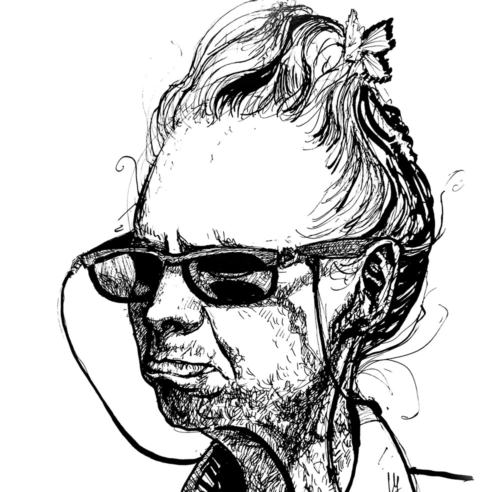 Portrait dessiné au feutre fin noir d'une dame agée faisant la moue, portant des lunettes de soleil et les cheveux remontés en chignon